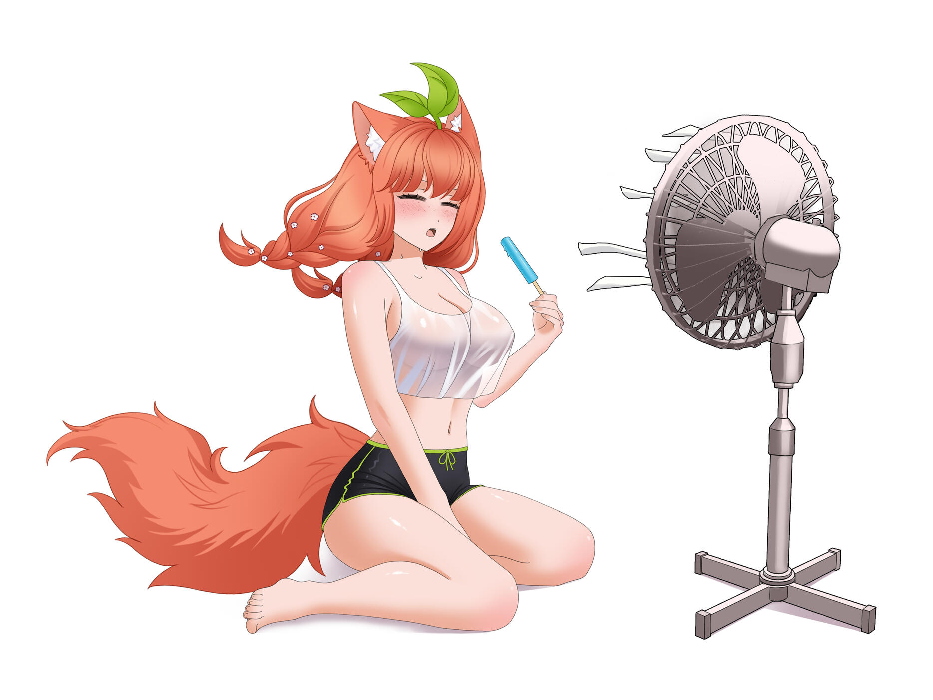 Digi sitting with an popsicle in front of a fan
